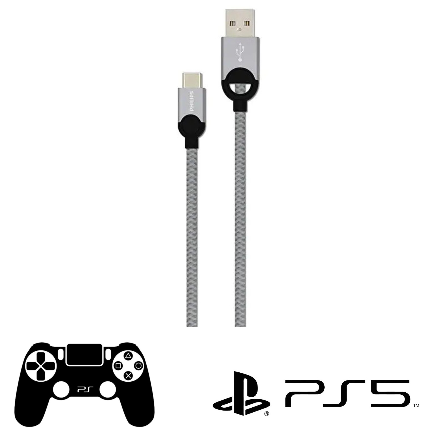Philips Playstation 5 İle Uyumlu Joystick Şarj Kablosu 5A 100W UsbA to Type-C Örgülü 1.2M Hızlı Şarj Data Kablo DLC2628T
